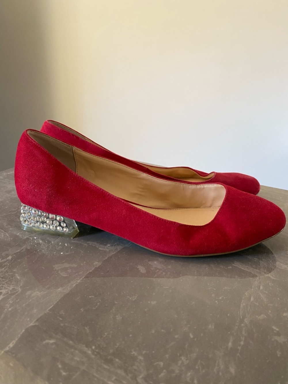 Betsey Johnson SB-Frida Red Suede Block Heeled Pumps 9M Rhinestone Regencycore